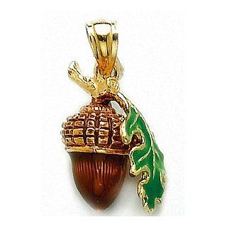 Gold Misc Holiday Charm Pendant 3 D Acorn With Leaf & Enamel Brown & Green: Million Charms: Jewelry