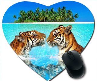 Nature Wildlife Tigers in Water Heart Shaped Cute Animal Mousepad : Office Products