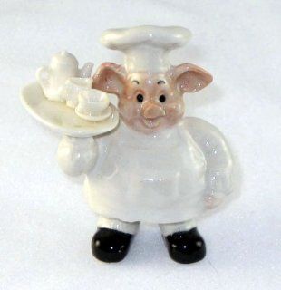 PIG CHEF holds White TEA SET Miniature Piglet Porcelain KLIMA L756F   Collectible Figurines