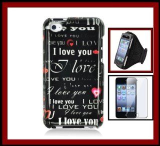 For iPod Touch 4 4th Generations Glossy Black Love You Words Snap on Hard Case Cover Front/Back + BLACK Sports Workout Gym Armband for iPod/iPhone + Clear Screen Protector : MP3 Players & Accessories