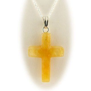 Yellow Jade Cross Pendant 18 Inch Sterling Silver Cable Chain Necklace: Jewelry