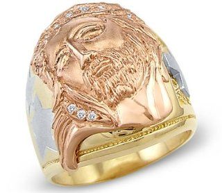 14k New Tri Color Gold Large Mens Jesus Face Cross Ring Right Hand Rings Jewelry