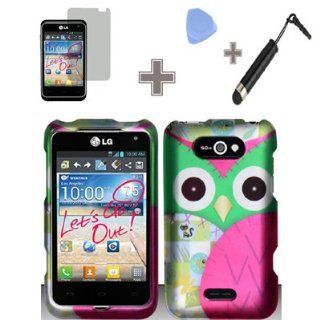 Rubberized Black Green Purple Silver Owl Snap on Design Case Hard Case Skin Cover Faceplate with Screen Protector, Case Opener and Stylus Pen for LG Motion 4G MS770   Metro PCS: Cell Phones & Accessories