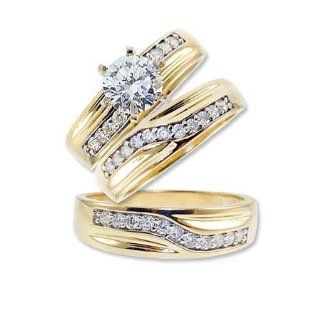 14k Yellow Gold, Trio Three Piece Wedding Ring Set with Lab Created Gems: Jewelry