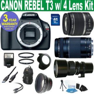BRAND NEW CANON REBEL T3 w/ CANON 18 55 IS LENS + CANON 75 30 ZOOM LENS + 500mm SUPER TELEPHOTO PRESET LENS + .45X SUPER WIDE ANGLE FISHEYE LENS + 16 GIG MEMORY + 3 YEAR CELLTIME WARRANTY : Digital Camera Accessory Kits : Camera & Photo