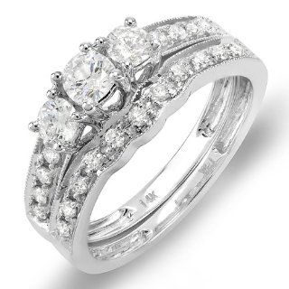 0.70 Carat (ctw) 14K White Gold 3 Stone Ladies Round Diamond Engagement Ring Bridal Matching Band Set 3/4 CT: Jewelry