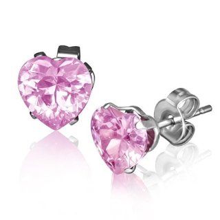 E783 Stainless Steel Prong Set Heart October Birthstone Stud Earrings with Gem Stones Jewelry