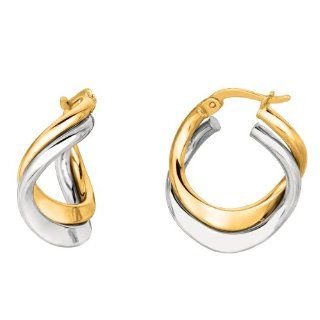 14 Karat Yellow White Gold Shiny Double Row Hoop Earring: Jewelry