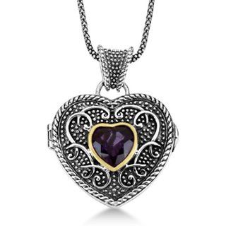 Heart Shaped Amethyst Locket Necklace Balinese Sterling Silver and 14k Yellow Gold (4.00ct): Allurez: Jewelry