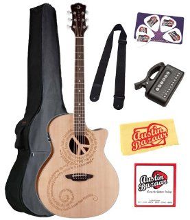 Luna Oracle Series Peace Grand Concert Acoustic Electric Guitar Bundle with Gig Bag, Strap, Tuner, Strings, Pick Card, and Polishing Cloth: Musical Instruments