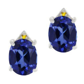 6.75 Ct Oval Blue Created Sapphire Yellow Sapphire 14K White Gold Earrings: Stud Earrings: Jewelry