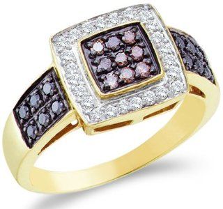 14k Yellow Gold Diamond Engagement Right Hand Chocolate Brown, Black & White Diamonds Round Brilliant Cut Diamond Ring 10mm (.54 cttw): Jewelry