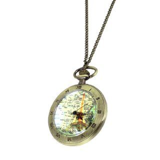 Map Tower Pattern Dail Bronze Tone Metal Round Case Chain Pocket Watch for Lady: Watches