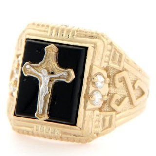 10k Solid Yellow Gold Onyx Crucifix Jesus CZ Mens Ring: Jewelry