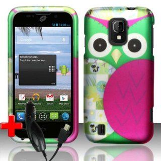ZTE Majesty Z796c (StraightTalk) 2 Piece Snap On Rubberized Image Case Cover, Pink/Green Cute Cartoon Owl Design + CAR CHARGER: Cell Phones & Accessories