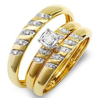 0.15 Carat (ctw) 10K Yellow Gold Round White Diamond Men & Women's Engagement Ring Trio Set: Jewelry
