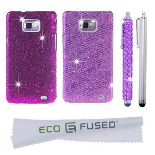 Samsung Galaxy S2 Case Bundle including 2 Glitter Cases / 1 Bling Stylus / 1 Long Stylus / 1 ECO FUSED® Microfiber Cleaning Cloth (Compatible with Samsung Galaxy S2 GT I9100 (International Version) and AT&T SGH I777 ONLY) (Purple/Light Purple): Cel