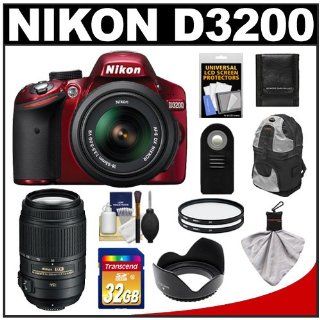 Nikon D3200 Digital SLR Camera & 18 55mm G VR DX AF S Zoom Lens (Red) with 55 300mm VR Lens + 32GB Card + Backpack + Filters + Remote + Accessory Kit : Digital Slr Camera Bundles : Camera & Photo