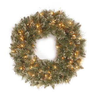 30 in. Glittery Bristle Pine Pre Lit Christmas Wreath with White Tipped Pine Cones   Christmas Wreaths