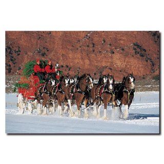 Trademark Fine Art Clydesdales in Snow with Carriage and Christmas Tree by Budweiser Canvas Wall Art, 16x24 Inch   Prints