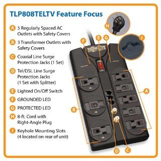 Tripp Lite TLP808TELTV Surge Protector 120V 8 Outlet RJ11 Coax 8ft Cord 2160 Joule: Electronics