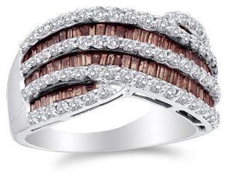 14K White Gold Large White and Chocolate Brown Diamond Cross Over Wedding , Anniversary OR Fashion Right Hand Ring Band   w/ Channel Invisible Set Round & Baguette Diamonds   (1.52 cttw): Sonia Jewels: Jewelry