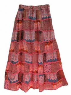 Womens Faded Pink Vintage Banjara Patchwork Crinkle Broomstick Long Skirt