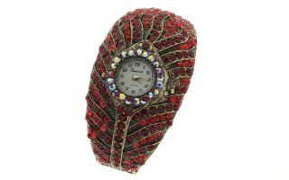 GP Designs Peacock Feather Crystal Rhinestone Cuff Bangle Watch   Red: Watches