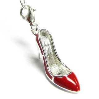 Sterling Silver Ruby Red Enamel Slipper High Heel Shoe 3d Dangle Charm Pendant For European Style Clip On Charm W/ Lobster Clasp: Sterling Silver Pandora Charms: Jewelry