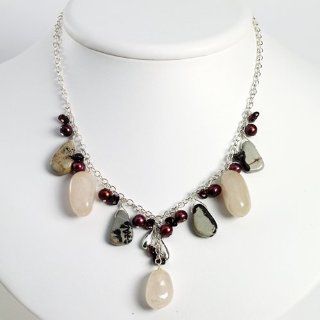 Sterling Silver Red/Purple Cult. Pearl/Picture Jasper/ Rose Qtz Necklace: Jewelry
