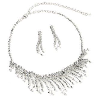 Bridal Wedding Silver Crystal 2 Strands Rhinestone Dangle Earrings & 1 Strand Rhinestone Eyelash Shape Necklace Jewelry Sets: Jewelry