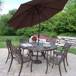 Oakland Living Mississippi Cast Aluminum 60 in. Patio Dining Set with Tilting Umbrella and Stand   Patio Dining Sets