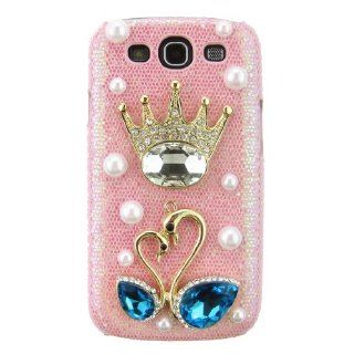 FiMEeney Handmade Luxury 3d Shining Blue Crystal Diamond Swan and Crown Pearl Golden Back Hard Case Cover Shell for Samsung Galaxy S3 I9300 Cell Phones & Accessories