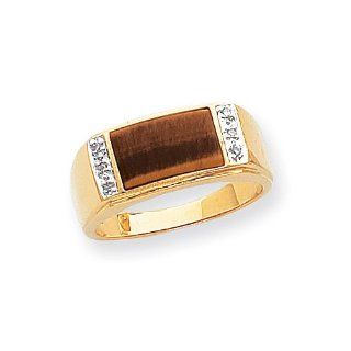 14k Yellow Gold Tigers Eye & H I SI Quality Diamond Mens Ring. Carat Wt  0.03ct: Jewelry