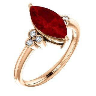 10K Rose Gold 12.00x6.00mm Marquise Cut Chatham Created Ruby and Diamond Ring: Jewelry