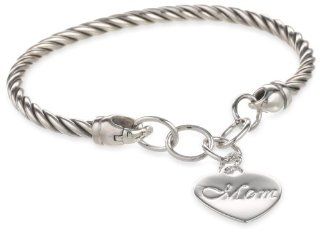 Sterling Silver 'MOM' Roped Cuff Heart Charm Bracelet Jewelry
