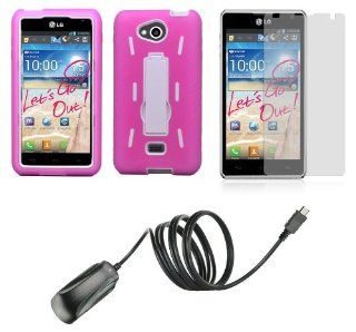 LG Spirit 4G MS870   Accessory Kit   Pink / White Rugged Hybrid Kick Stand Case + Atom LED Keychain Light + Screen Protector + Micro USB Wall Charger: Cell Phones & Accessories