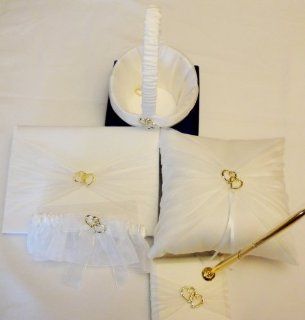 Tanday #5631 Ivory 5 Piece Bridal Wedding Accessory Set of Heart Gold   Flower Girl Basket, Guest Book & Pen, Ring Pillow, & Garter : Home Decor Gift Packages : Everything Else