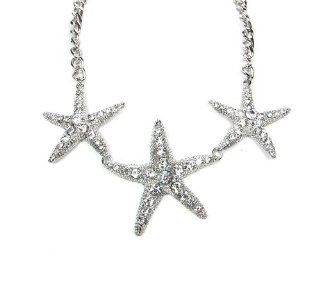 Summer Spring Silver Ocean Inspired Nautical Theme Triple Star Fish Crystals Statement Necklace Set Jewelry