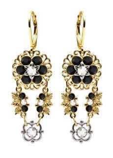 Flower Shaped Earrings Designed by Lucia Costin with Filigree and Leaf Ornaments, Embellished with 4 Petal Flowers, White and Black Swarovski Crystals; 24K Yellow Gold over .925 Sterling Silver: Dangle Earrings: Jewelry