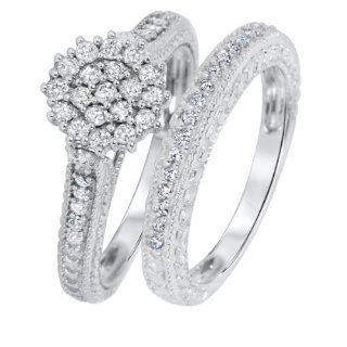 3/4 Carat T.W. Round Cut Diamond Engagement Ring and Women's Wedding Band Set 14K White Gold   Free Gift Box: Wedding Rings For Women: Jewelry
