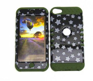 3 IN 1 HYBRID SILICONE COVER FOR APPLE IPOD ITOUCH 5 HARD CASE SOFT DARK GREEN RUBBER SKIN GLITTER STARS DG TP885 KOOL KASE ROCKER CELL PHONE ACCESSORY EXCLUSIVE BY MANDMWIRELESS: Cell Phones & Accessories