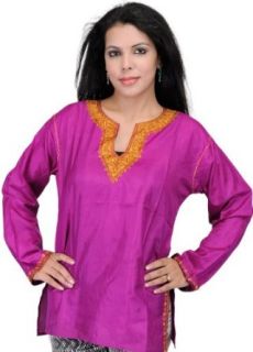 Exotic India Kurti from Kashmir with Hand Embroidered Paisleys on Neck   Color Hyacinth VioletGarment Size One Size fits most: Clothing