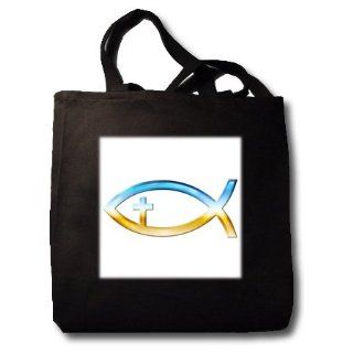 Chrome Christian Fish Symbol with Cross   Black Tote Bag 14w X 14h X 3d: Kitchen & Dining
