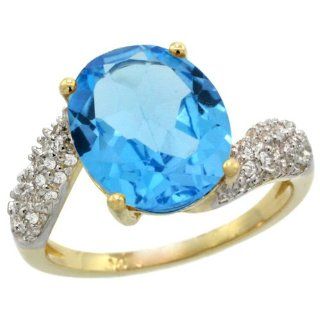 14k Yellow Gold Natural Swiss Blue Topaz Ring Oval 12x10mm Diamond Halo, 1/2inch wide, sizes 5   10: Jewelry