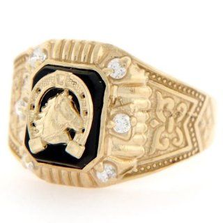 14k Gold Good Luck Horseshoe Onyx CZ Mens Ring Jewelry: Jewelry