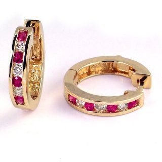 1/2 Carat Channel Set Diamond & Ruby Earrings in 14k Yellow Gold (with Safety Lock): Hoop Earrings: Jewelry