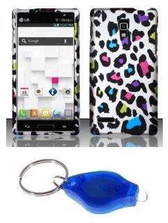 Rainbow Leopard on Silver Design Shield Case + Atom LED Keychain Light for LG Optimus L9 (Metro PCS, T Mobile): Cell Phones & Accessories