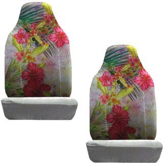 Red Flowers w/ Green Plants in Silver Background Gem Crystal Studded Rhinestone Bling Car Truck SUV Front Universal Fit Bucket Seat Covers   PAIR Automotive
