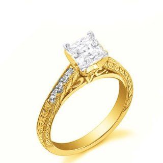 0.77 Carat Princess Antique Engraved Diamond Engagement Ring Bridal Set Wedding Ring on 14K Yellow Gold: FineTresor Jewelry